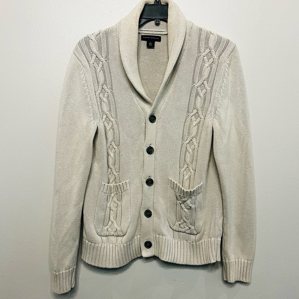Banana Republic Beige Womens Medium Cotton Cable‎ Preppy Collar Sweater Cardigan